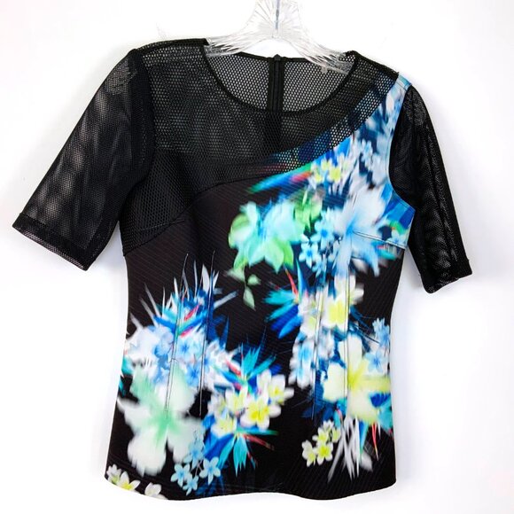 Elie Tahari Black Floral Scuba Mash Short Sleeve Top Sz S - Picture 12 of 16